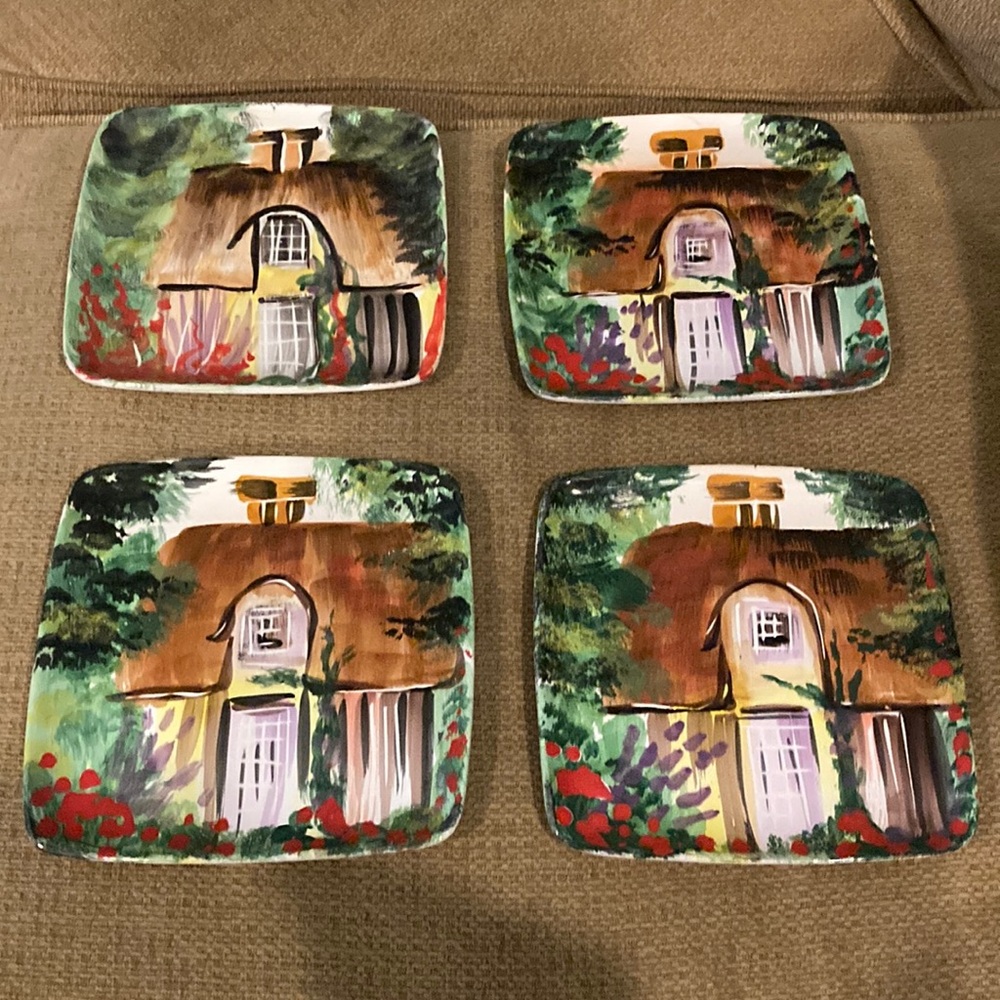 Set of 4 Italian Pasta or Dessert dishes.  Hand painted.  Clay, paint, glaze.